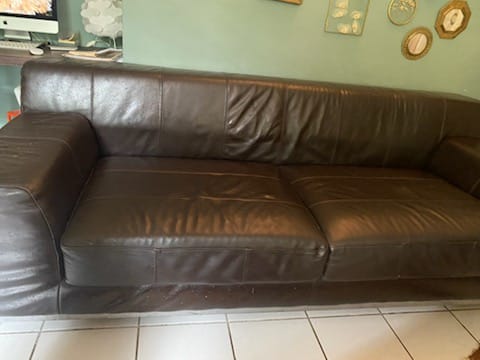 Canapé cuir marron foncé rénové par celadeco dans un salon cosy bleu-vert à toulouse